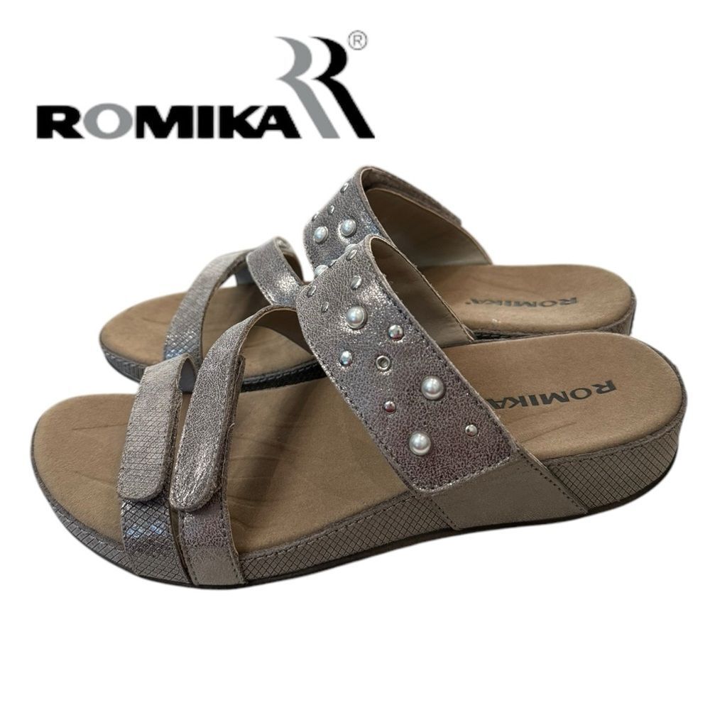 Romika Fidschi Taupe Bronze Metallic Slide Triple Buckle Sandals 37 6  6.5